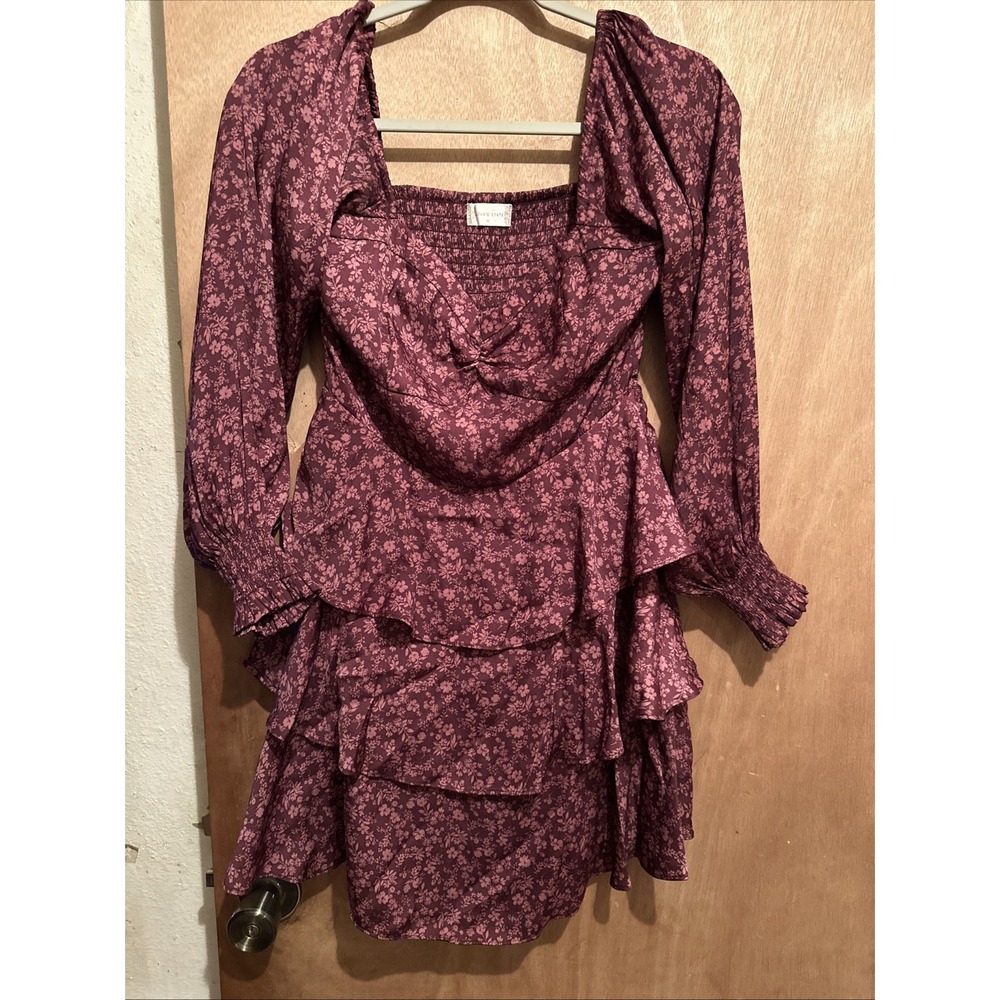 Altar'd State Burgundy Floral Square Neck Smocked Tiered Mini Dress Size M